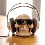 white headphones on skull decor