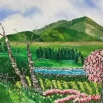 a painting of a field with flowers and a mountain in the background