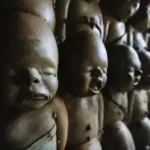 a bunch of little statues that are on a wall