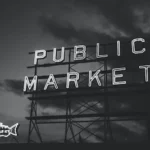 grayscale photography of Public Market neon signage