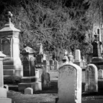 gray scale photo of cemetery