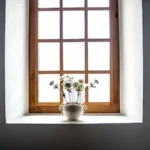 white ceramic vase with white flowers in window at daytime