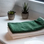 folded towels near potted plants