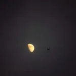 silhouette of airplane under half moon during nighttime