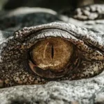 macro photography of gray alligator eye